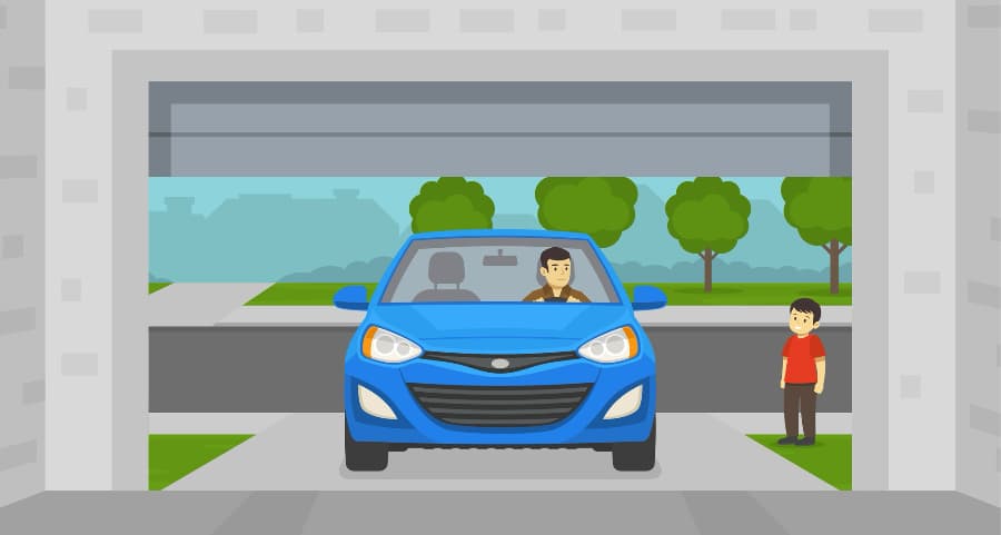 Illustration of a man driving into his garage with a child watching.